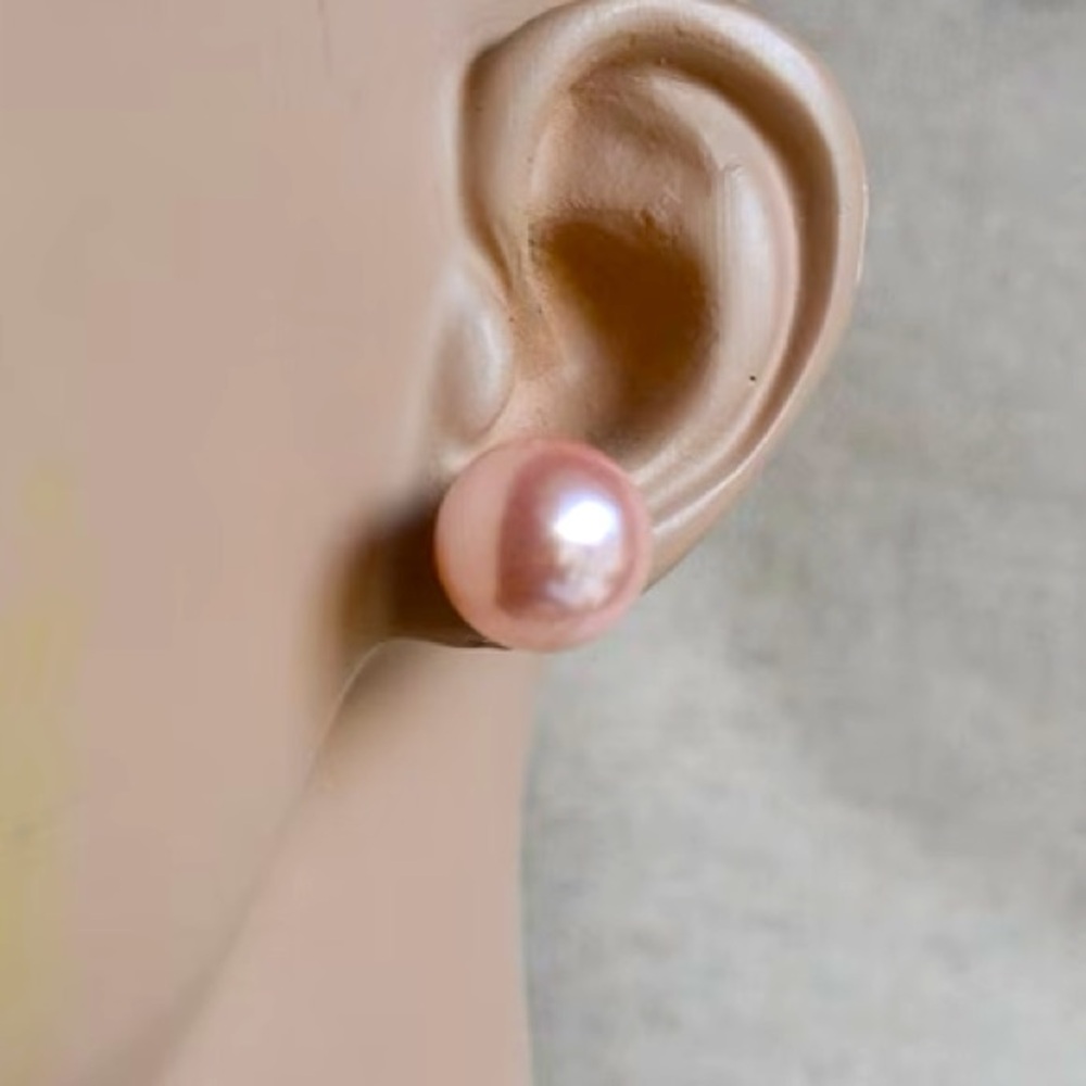 Pink Faux Pearl Stud Earrings | Classic Bridal Bridesmaid Coquette - Picture 2 of 5